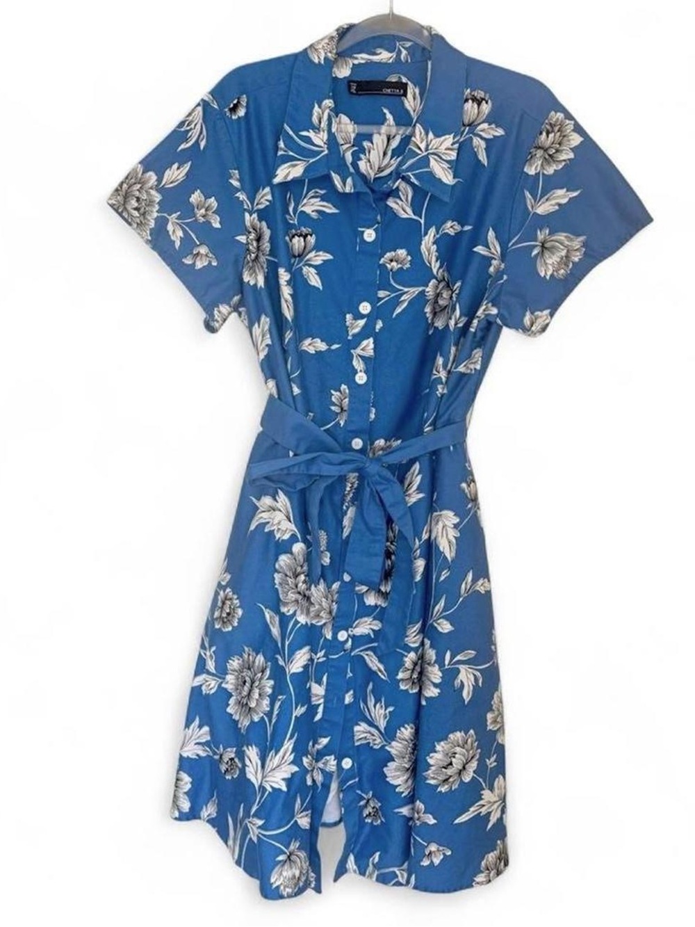 Chetta B cotton bright blue floral button up  dress with belt casual summer chic